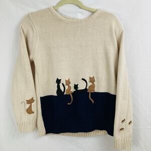 AA & ZZ Womens M Beige & Blue Embroidered Cat Sweater Color Block Kitty Pawprint